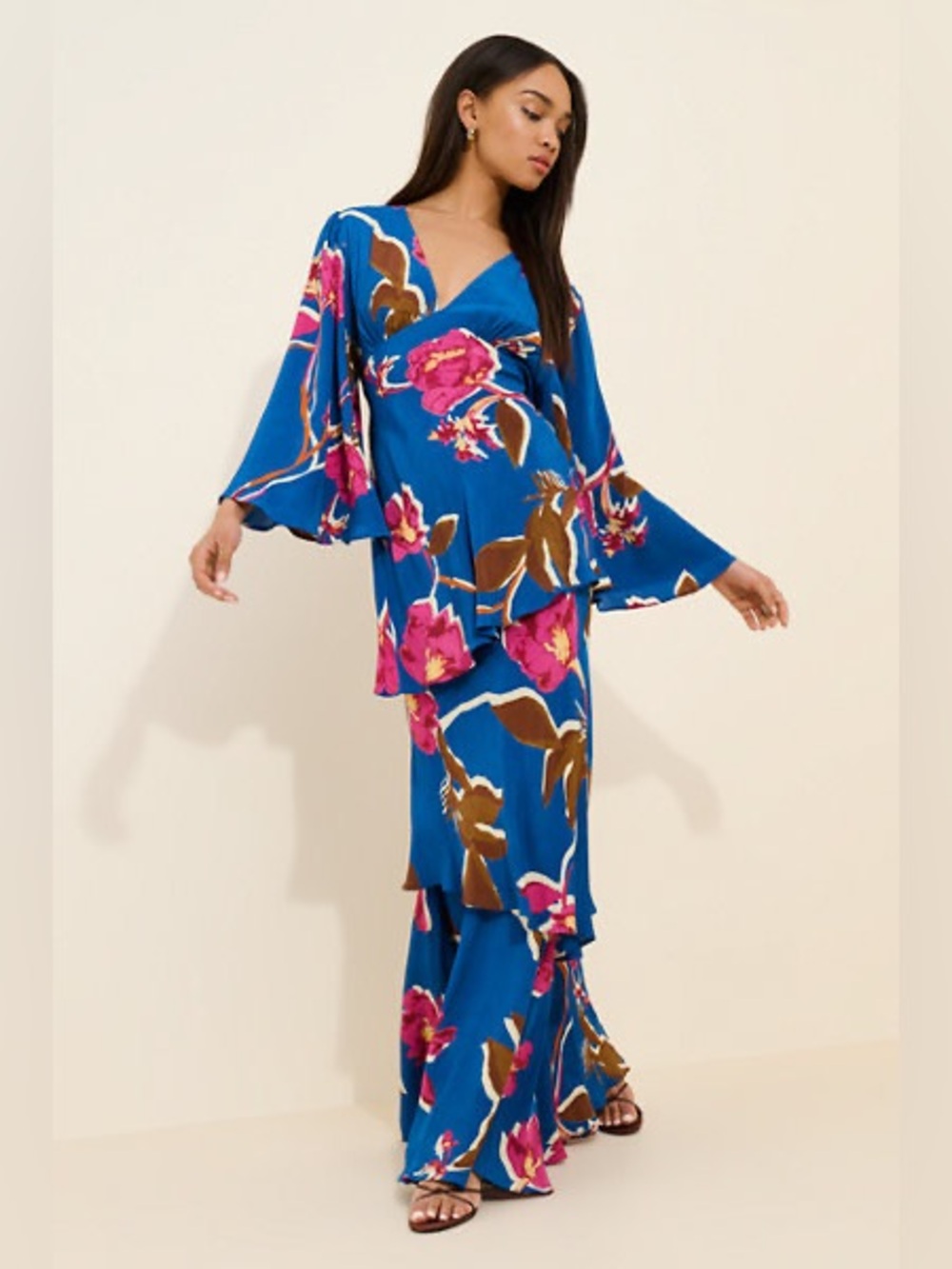 Atsu Bell Sleeve Tiered Maxi Dress Floral Blue Purple Medium